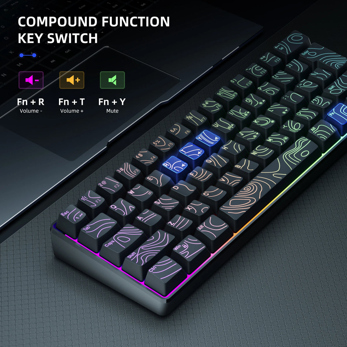 لقطة مقربة لوحة مفاتيح ألعاب مضيئة RGB تظهر مفاتيح وظائف للتحكم في مستوى الصوت والصامت.