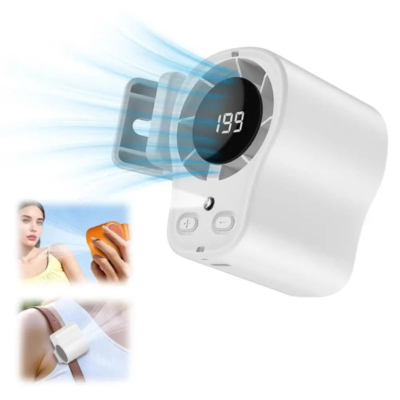 A white portable clip-on fan with an LED display showing 199 and a rotating blade is shown alongside usage examples.