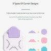 A white plastic corner rounder tool with purple accents demonstrating three types of corner designs: cuttable rounded, fancy,