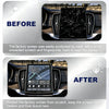Before and after comparison showing a car navigation screen protector film protecting a scratched factory screen.