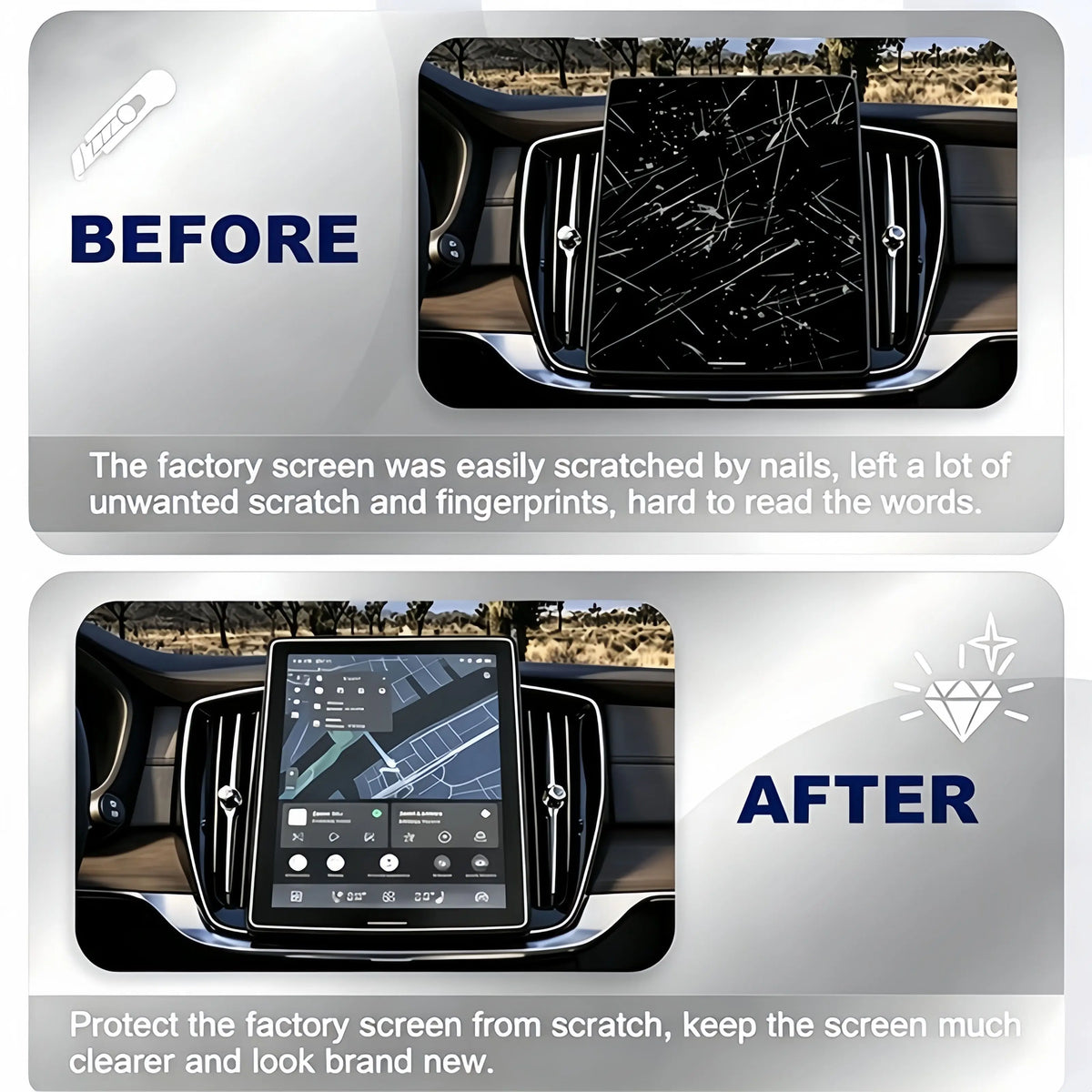 Before and after comparison showing a car navigation screen protector film protecting a scratched factory screen.