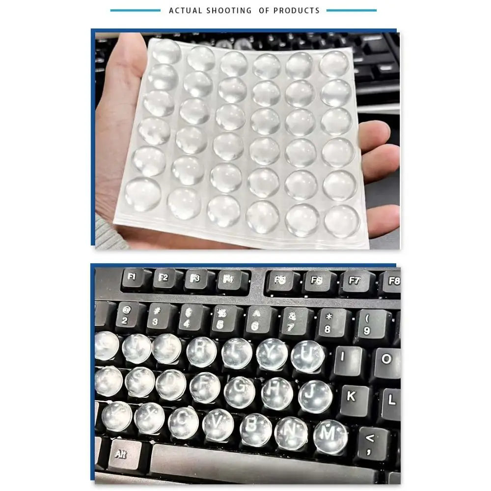 A hand holds a sheet of transparent silicone keyboard stickers for long nails, showing the product layout.