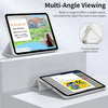 A magnetic tri-fold stand cover for an iPad showing multi-angle viewing capabilities.