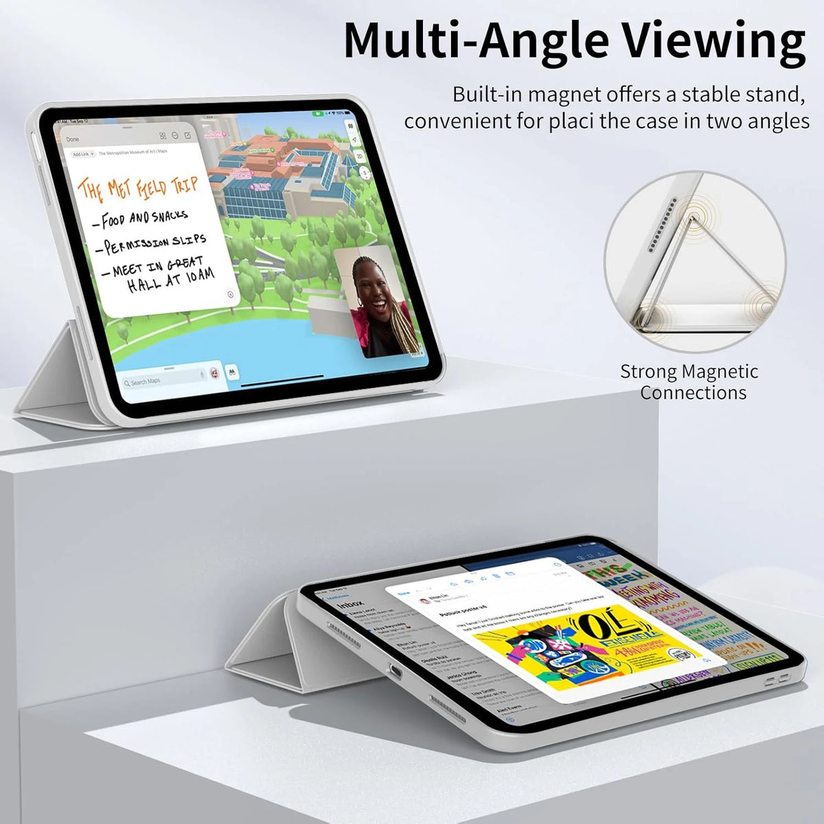 A magnetic tri-fold stand cover for an iPad showing multi-angle viewing capabilities.