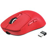 A red Attack Shark wireless gaming mouse shown from above with a detachable USB receiver.