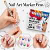 A hand is using a nail art marker pen on a finger, with a box of nail art markers and various colors displayed nearby.