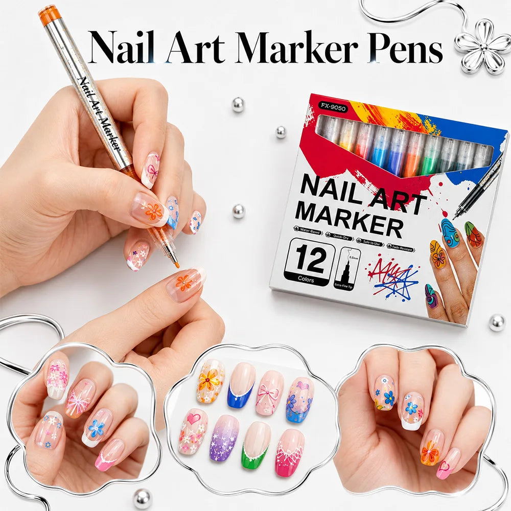 A hand is using a nail art marker pen on a finger, with a box of nail art markers and various colors displayed nearby.