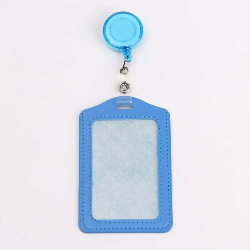 A light blue PU leather retractable ID card holder with a clear plastic badge case and a blue reel.