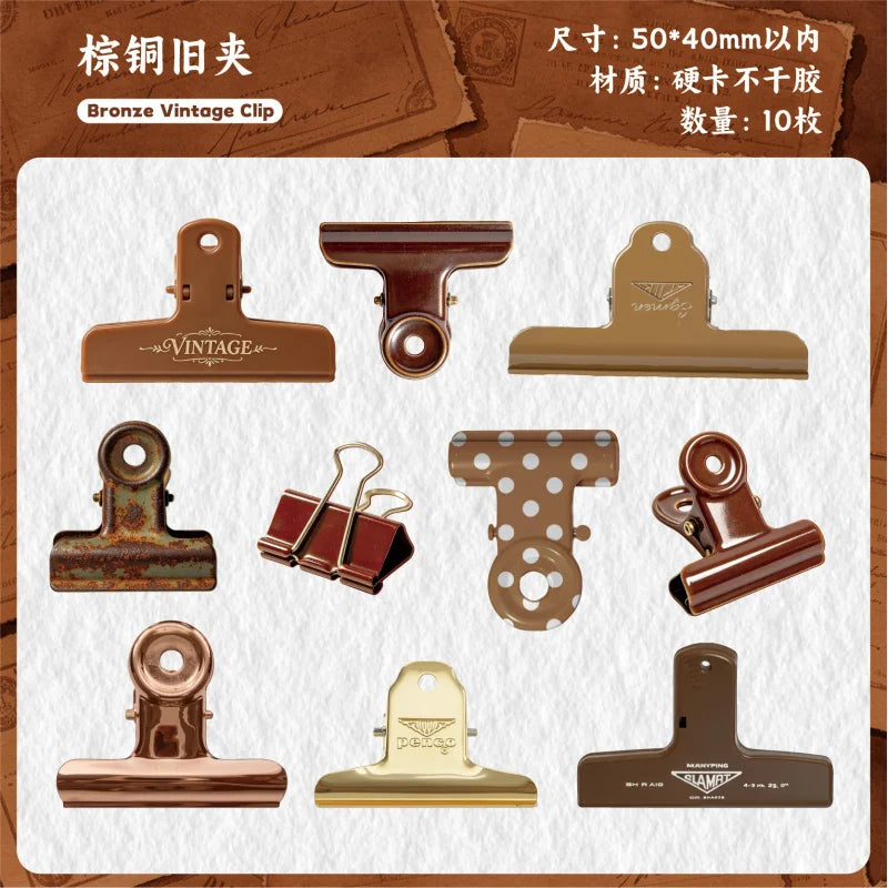 A collection of bronze vintage clip themed stickers for journaling and scrapbooking