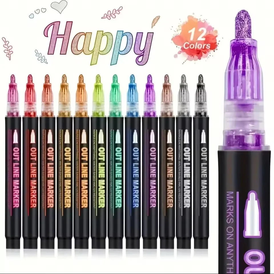 A set of 12 colored double line outline markers in black and various colors.