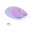 A purple, cat-shaped silent wireless mouse with a silver scroll wheel and a white dongle is shown on a white background.