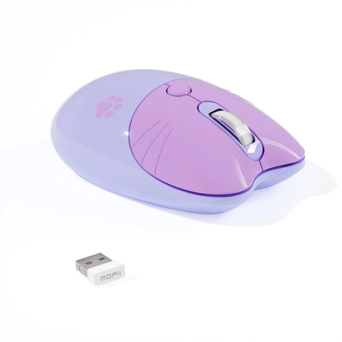 A purple, cat-shaped silent wireless mouse with a silver scroll wheel and a white dongle is shown on a white background.