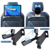 A set of black telescopic car headrest mounts for phones and tablets shown in various configurations.