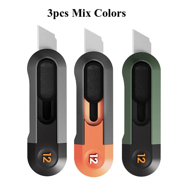 Three mini pocket knives in different colors black orange and green with silver blades