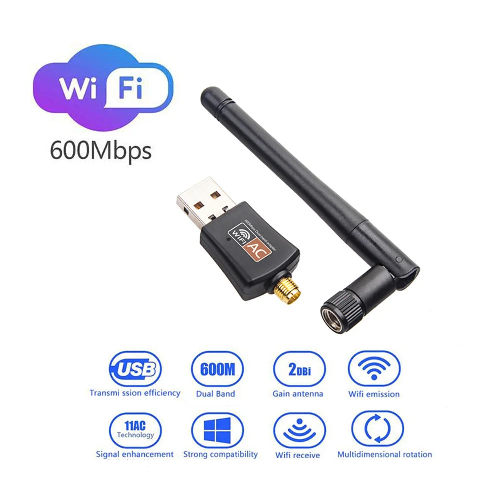 Adaptador USB WiFi negro con antena junto a especificaciones técnicas