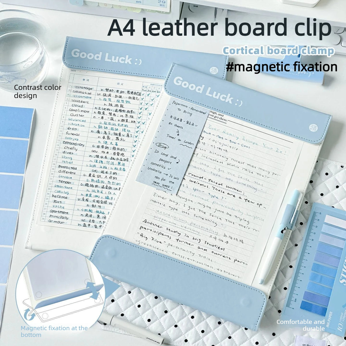 A close-up of an A4 leather clipboard with a blue magnetic closure and contrast stitching on a white background.