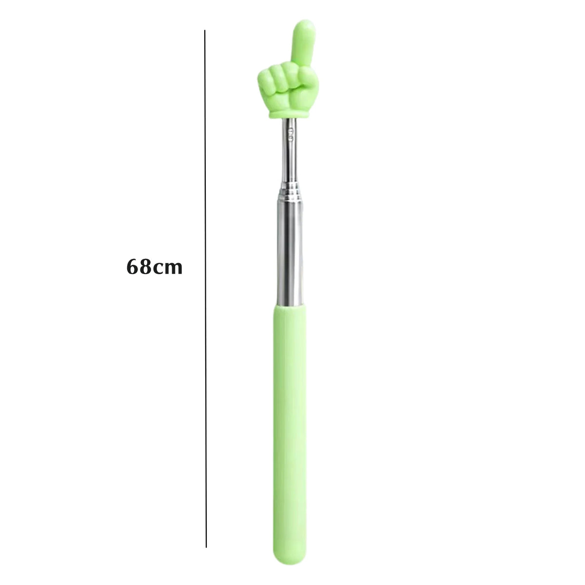 A light green retractable teacher pointer stick measuring 68cm with a hand gesture at the top.