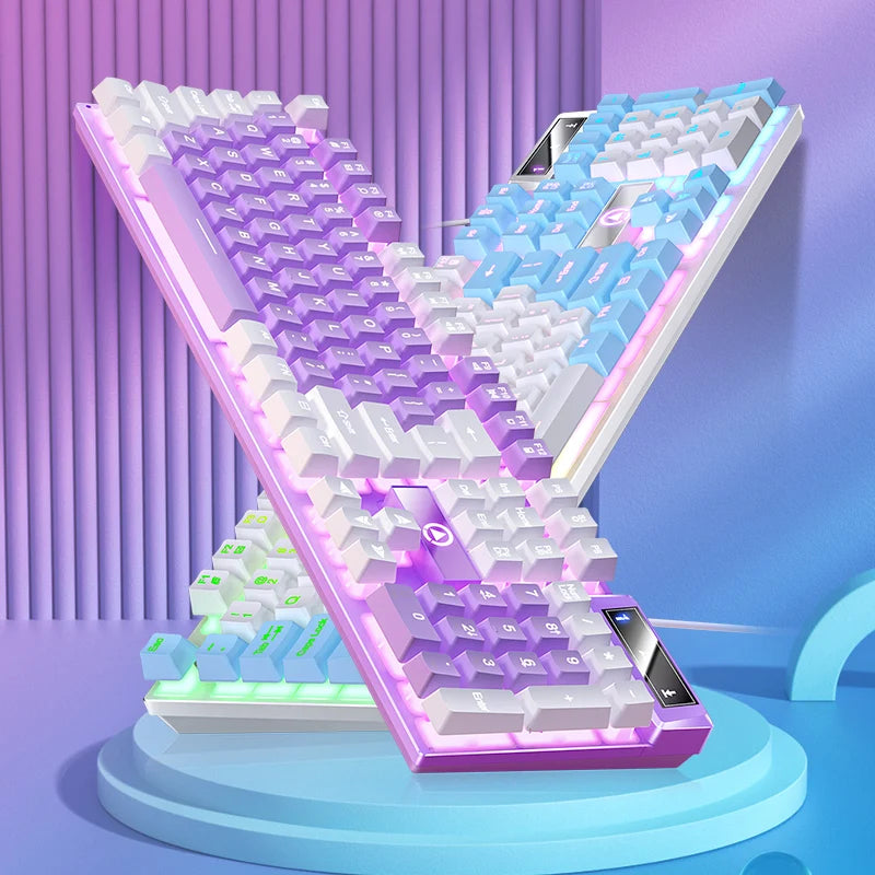 A close-up view of a purple and white high-performance wired gaming keyboard displayed on a stand.