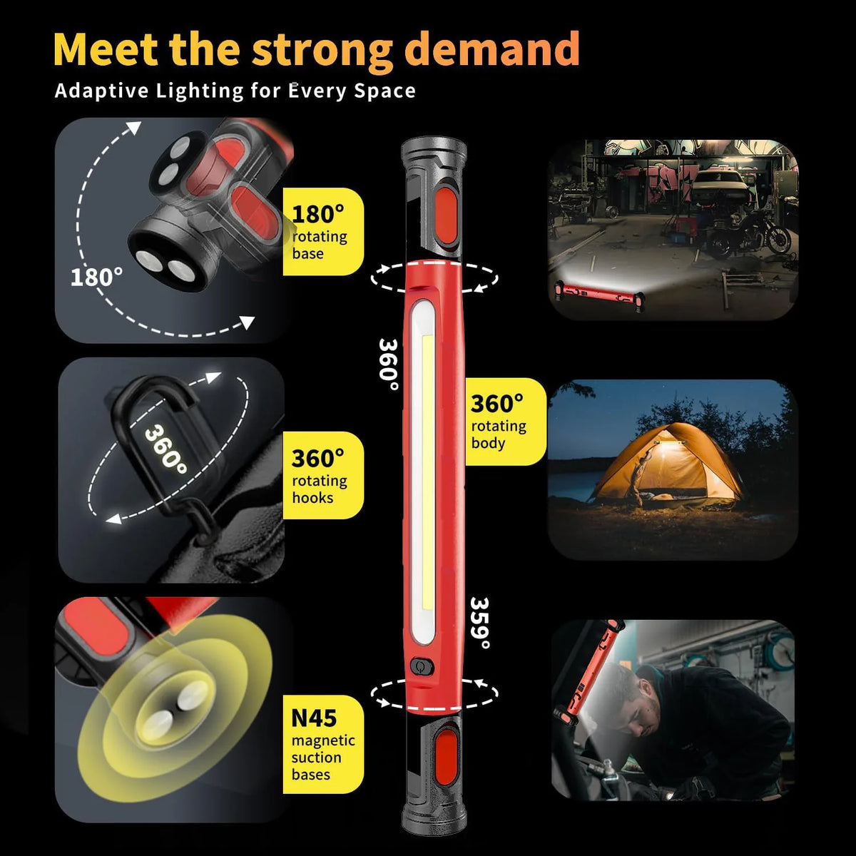 A vertical red LED work light with a rotating base, body, and hooks, shown alongside various usage contexts.