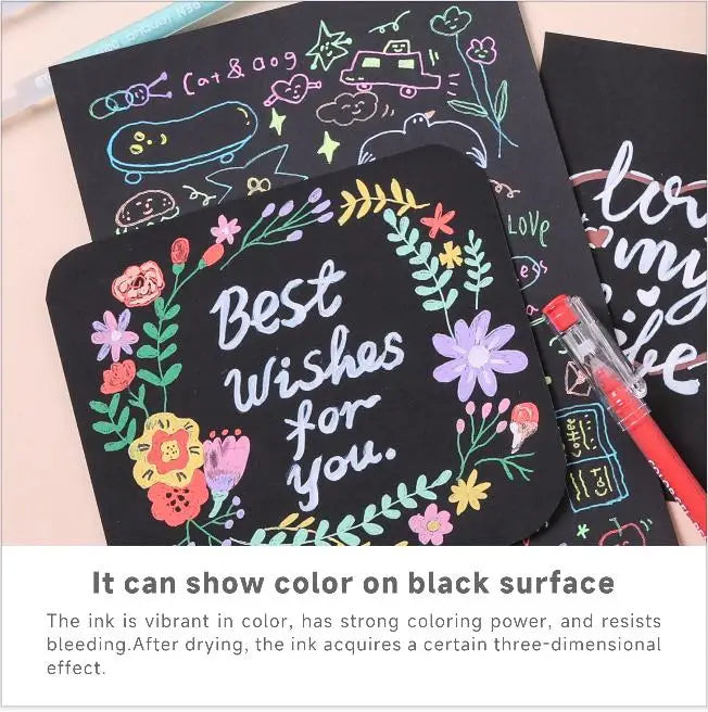 A set of Morandi gel pens with 27 unique color styles showing vibrant ink on black surfaces.