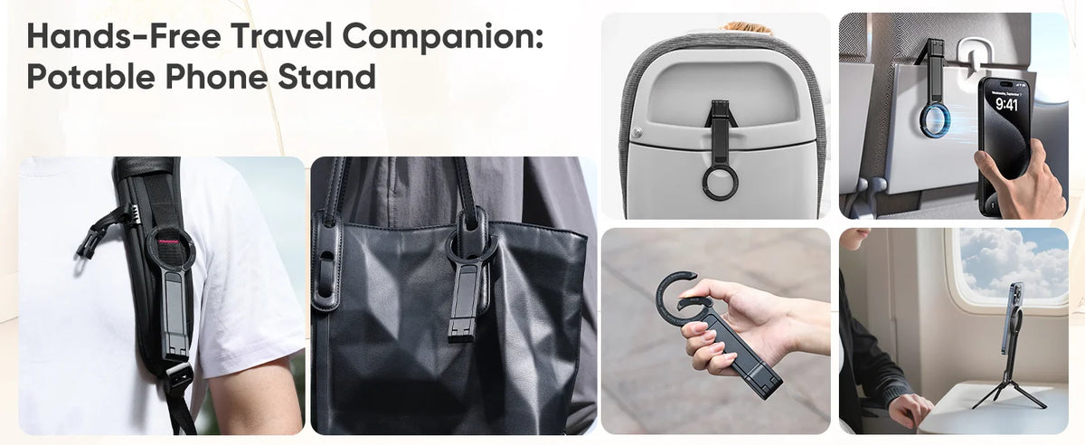 A portable phone stand featuring a magnetic mount and carabiner for hands-free travel.