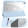 A light blue protective case for an iPad showing various angles and features.