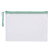A white mesh zipper bag with a green drawstring, used for classroom and organization.