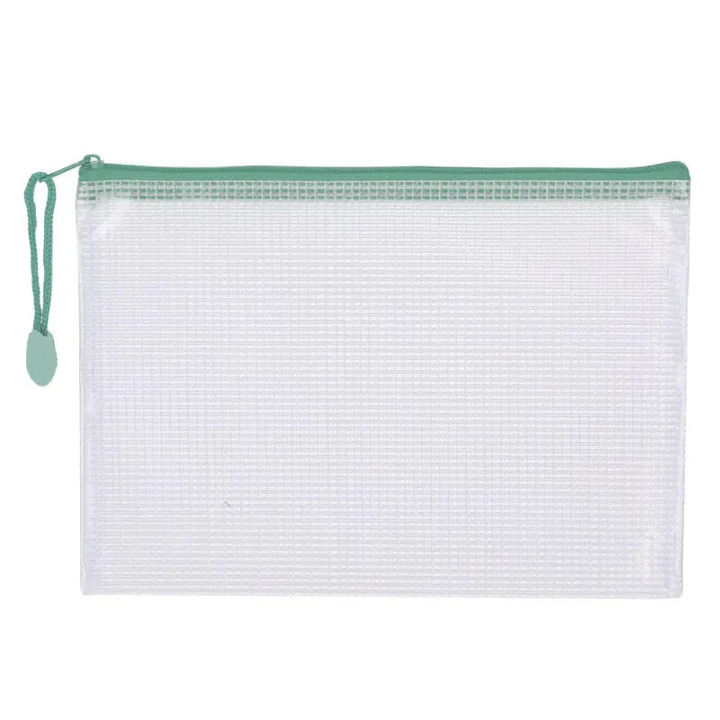 A white mesh zipper bag with a green drawstring, used for classroom and organization.