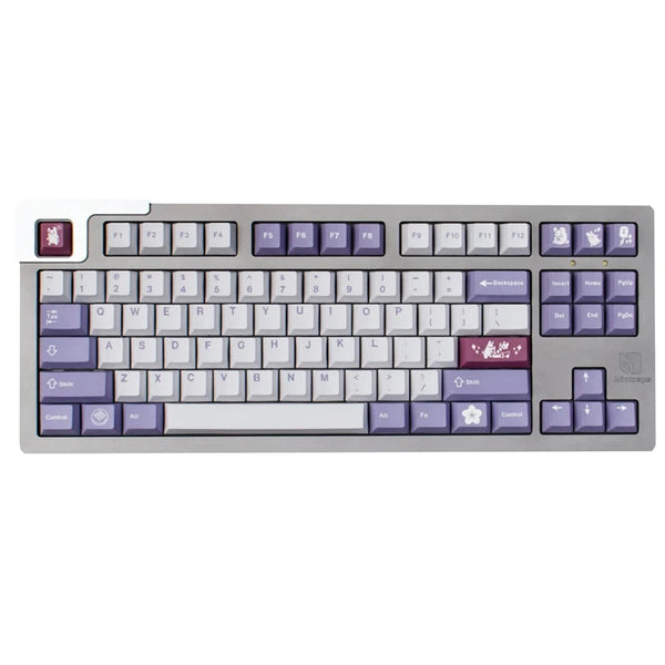 A compact, gray mechanical keyboard featuring a full QWERTY layout and various function keys.