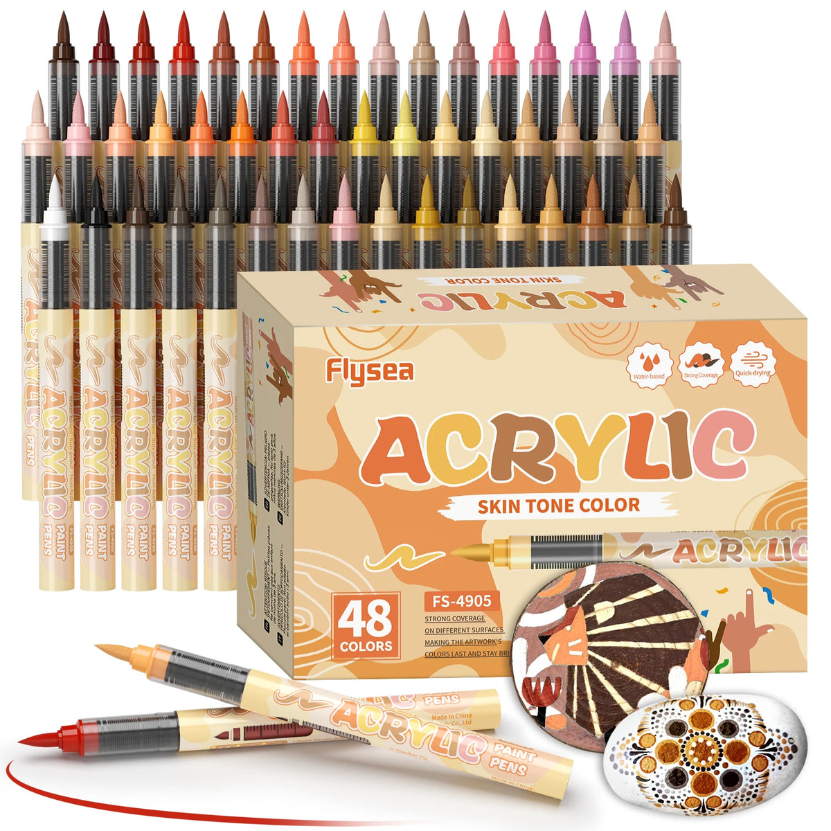A set of 48 acrylic paint pens in various colors and tips displayed next to a box labeled Acrylic Skin Tone Color