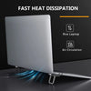 A silver foldable laptop stand is shown with visible airflow lines, emphasizing fast heat dissipation.