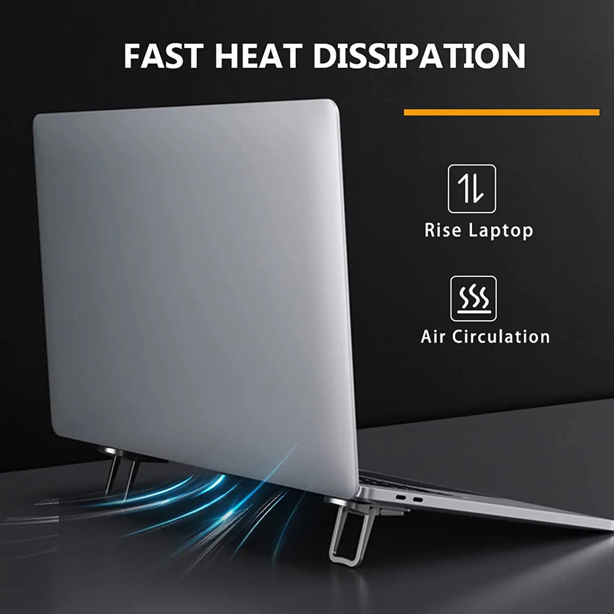 A silver foldable laptop stand is shown with visible airflow lines, emphasizing fast heat dissipation.