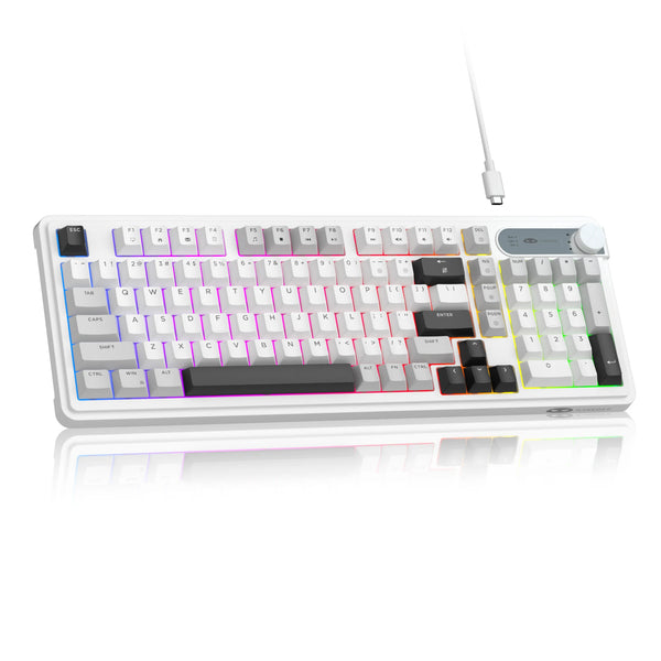 A white membrane keyboard with RGB backlighting and a detachable wired connection is shown on a reflective surface.