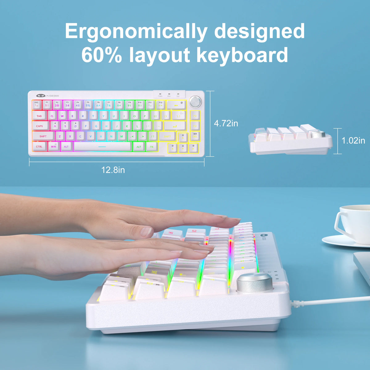 A close-up of an ergonomically designed 60% layout keyboard being used by a hand on a blue surface.