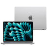 A silver MacBook Air laptop with a vibrant blue, fan-like design on the lid and a matching protective case.