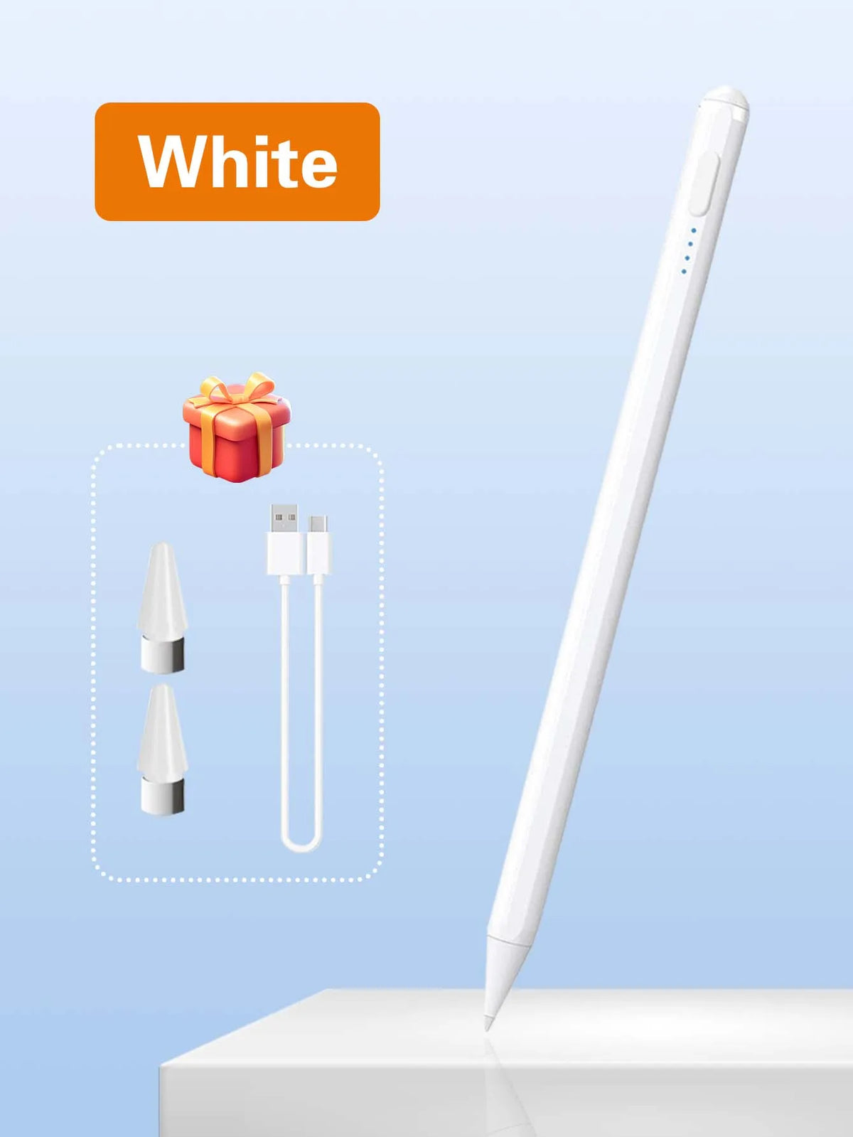 Weiße Präzisionsneigungssensor-Stift neben einer Geschenkbox und Ladekabeln auf blauem Hintergrund.