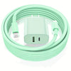 A coiled light green USB-C fast charger with dual ports and a 6ft Lightning cable.