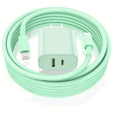 A coiled light green USB-C fast charger with dual ports and a 6ft Lightning cable.