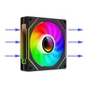 A black ARGB PC case cooling fan with a colorful, rotating light pattern visible through the grille.