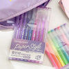 A set of multi-color gel pens in purple and green shades is displayed next to a purple pouch.