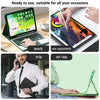 A green Bluetooth keyboard case for an iPad is shown in various contexts including work, travel, and on the tap.