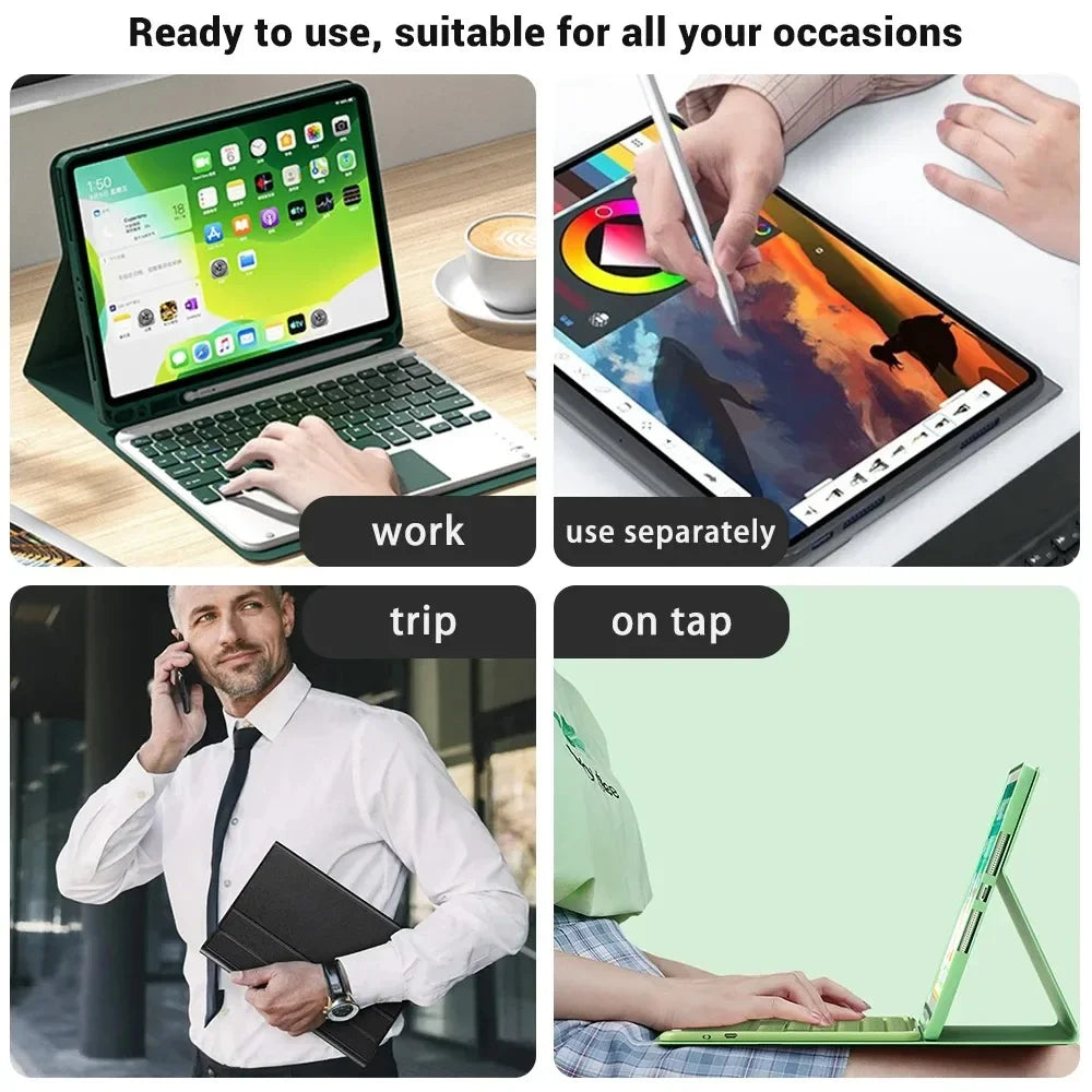 A green Bluetooth keyboard case for an iPad is shown in various contexts including work, travel, and on the tap.