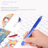 A hand holds a blue retractable gel pen, demonstrating the self-contained eraser effect on white paper.