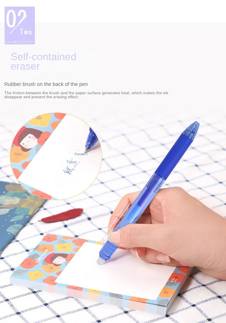 A hand holds a blue retractable gel pen, demonstrating the self-contained eraser effect on white paper.