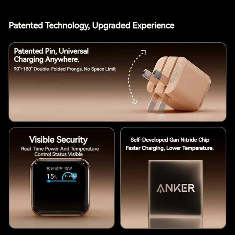 Anker 45W Nano Smart Display Charger featuring a patented pin for universal charging.