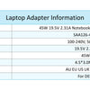 Tabelle mit technischen Spezifikationen für einen 45W 19,5V Laptop-Netzteil inklusive Eingangs-, Ausgangs- und Konnektordetai