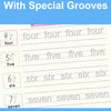 A practice book for children featuring special grooves and lines for writing numbers four through seven.