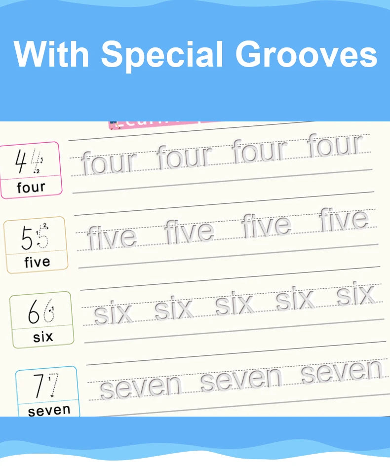 A practice book for children featuring special grooves and lines for writing numbers four through seven.
