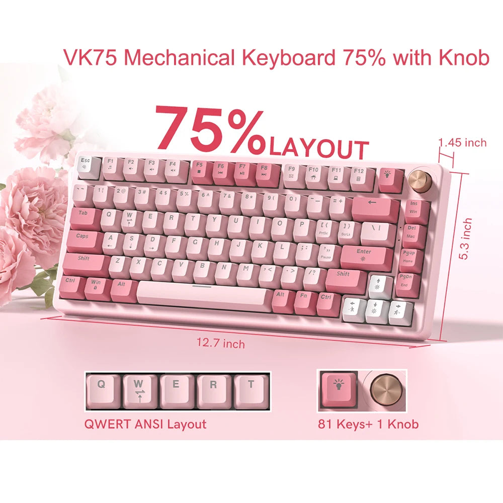 A pink mechanical keyboard with a 75% layout and knob is shown on a white background.