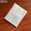 A pack of 20 clear plastic photo card binder sleeves with perforated edges.